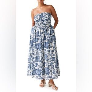 & Other stories. Floral Strapless Cotton Maxi Dress White and Blue Size 2